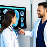 A professional male doctor in a crisp, modest medical coat, fully clothed, stands alongside a female patient, also in appropriate, modest attire, in a bright, modern diagnostic center. They are both looking at a large, high-resolution display screen showcasing intricate 3D medical scans of a spine, with transparent, non-gory AI-generated overlays and annotations highlighting key diagnostic insights. The environment is clean and sophisticated, reflecting cutting-edge medical technology. The scene emphasizes innovation in healthcare. perfect anatomy, correct proportions, natural pose, well-formed hands, proper finger count, natural body proportions, professional photography, high quality, safe for work, appropriate content, fully clothed, professional, family-friendly.