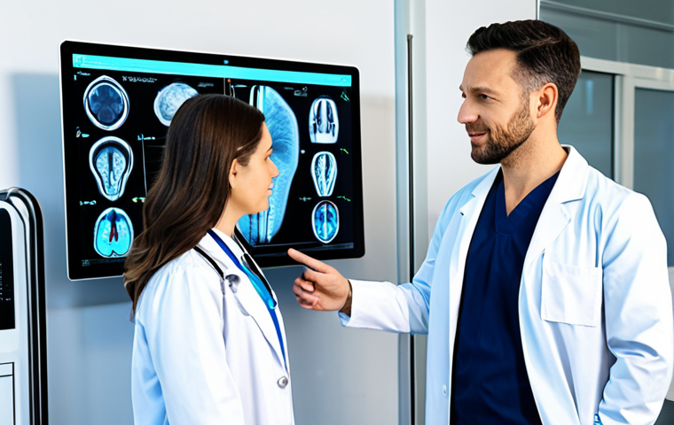 A professional male doctor in a crisp, modest medical coat, fully clothed, stands alongside a female patient, also in appropriate, modest attire, in a bright, modern diagnostic center. They are both looking at a large, high-resolution display screen showcasing intricate 3D medical scans of a spine, with transparent, non-gory AI-generated overlays and annotations highlighting key diagnostic insights. The environment is clean and sophisticated, reflecting cutting-edge medical technology. The scene emphasizes innovation in healthcare. perfect anatomy, correct proportions, natural pose, well-formed hands, proper finger count, natural body proportions, professional photography, high quality, safe for work, appropriate content, fully clothed, professional, family-friendly.