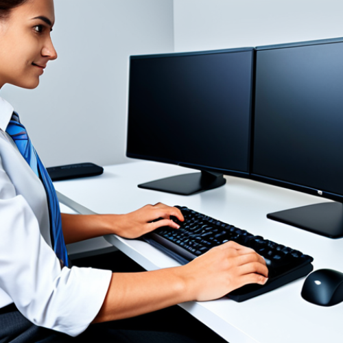 Ergonomic Workspace**

A person, fully clothed in modest work attire, sitting at an ergonomically designed desk, typing on a keyboard. The setup includes an adjustable chair, wrist rest, and properly positioned monitor. Focus on good posture and wrist alignment. Background: a modern office. Safe for work, appropriate content, family-friendly, professional setting, perfect anatomy, natural proportions.

**
